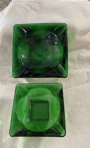 Pair Vintage Ashtrays Anchor Hocking Forest Green