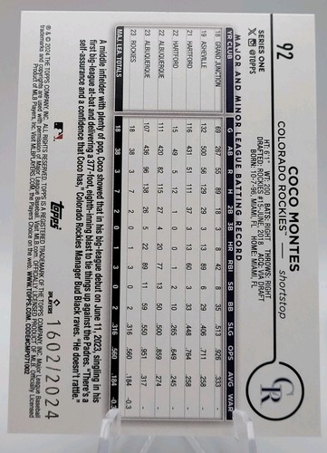 2024 Topps Series 1 Coco Montes Gold Border /2024 RC - Rockies - Picture 2 of 2