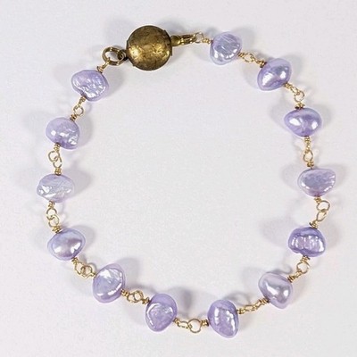 Vtg Lavender Freshwater Pearl Bracelet 7'' Artisan Round Brass Box Clasp Patina