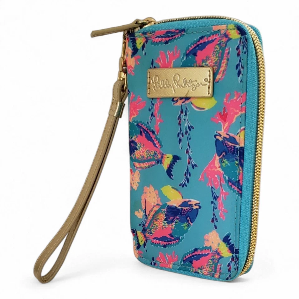 Cartera Muñequera Vintage Lilly Pulitzer Colorido Estampado de Peces - Borde de Cuero Dorado Foto 3 de 4