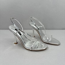 Nine West Shoes Womens Size 6.5 Silver Strappy Slingback Sandals Dress WNISAW3