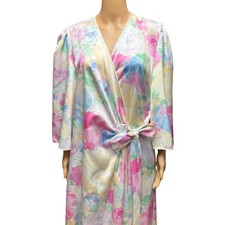 70s Lucie Ann Robe Pastel Floral Print Maxi Dressing Gown Silky Pockets Vintage