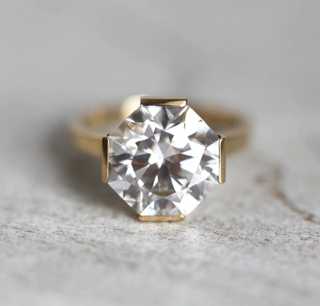 Solid 14K Yellow Gold 3 Ct Round Cut Moissanite Hexagonal Wedding Ring