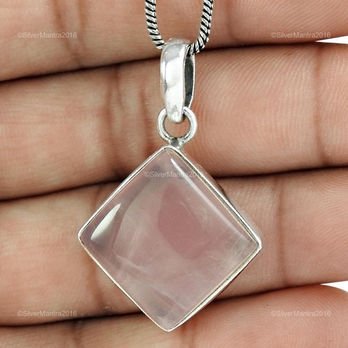 Birthday Gift Natural Rose Quartz Stone Solid 925 Silver Trendy Pendant