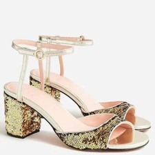 J Crew Lucie Ankle-Strap Block Heel Sandals Sequins, 7M Party Shoes, Boxed