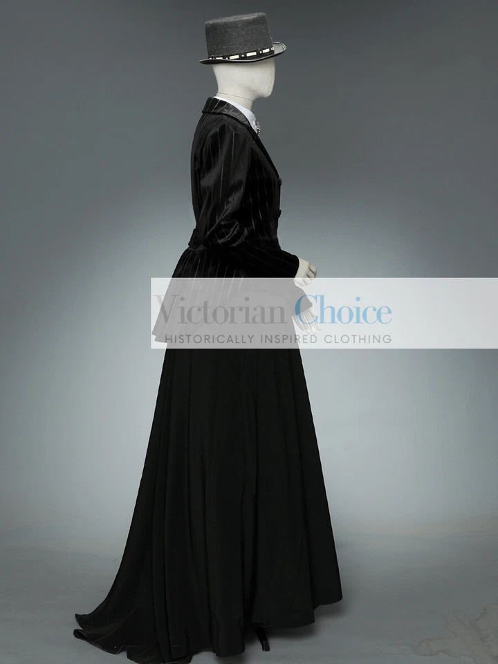 Women Black Victorian Edwardian 3PC Velvet Day Dress Suit Theater Steampunk 166 - Image 3 of 4