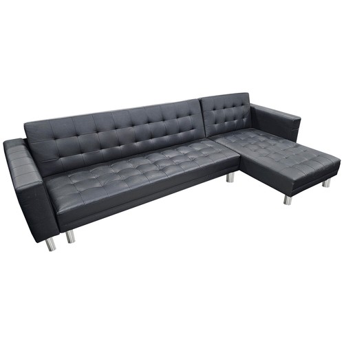 Sarantino Corner Faux Leather Sofa Bed Couch with Chaise - Black - Picture 2 of 7