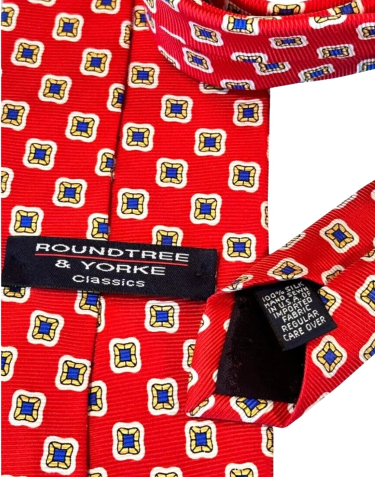 Roundtree & Yorke Classics Repp Tie Red Gold Blue White 100% Silk Hand Sewn 59" - Image 3 of 4