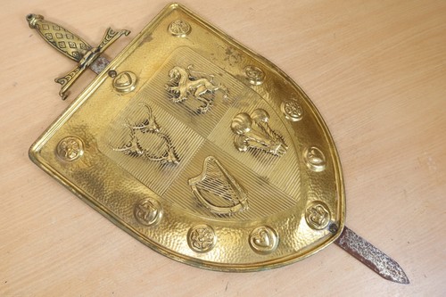 Vintage Brass Metal Sword & Shield Wall Hanging Crest Plaque Display 25x12" Inch
