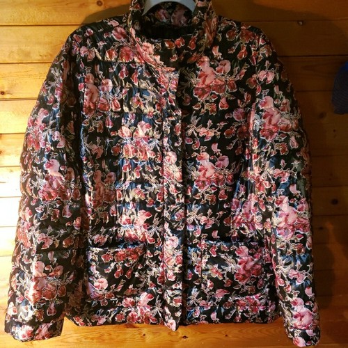 Lands End Womens Black Floral Print Down Puffy Jacket Sz 1X Coat