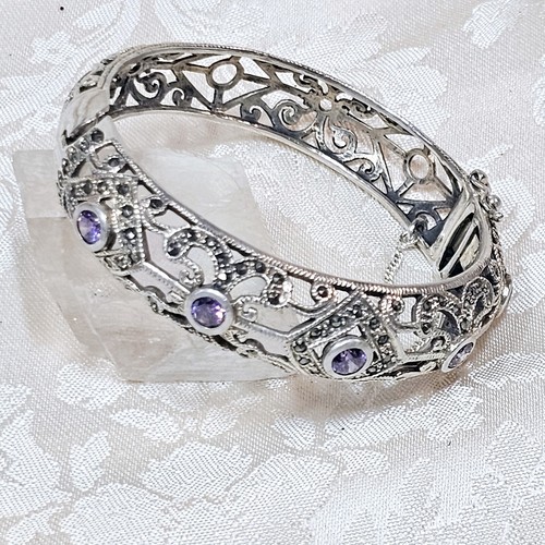 Armband Jonc Art Deco Stil 925 Silber gearbeitet Amethysten Markasiten Öffnen - Bild 13 von 24