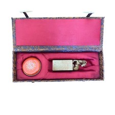 UNQ VTG Chinese Soapstone Goat/Ram Carving Stamp Set With Ink Decorative Box