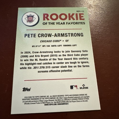 Pete Crow-Armstrong 2024 Bowman Chrome Rookie Year Favorites Refractor NRMT+ RC - Bild 2 von 2