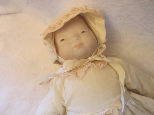 Vintage Handmade 1980's Bisque 10" Baby Doll in White Gown Dress Pink Trim - Picture 2 of 3
