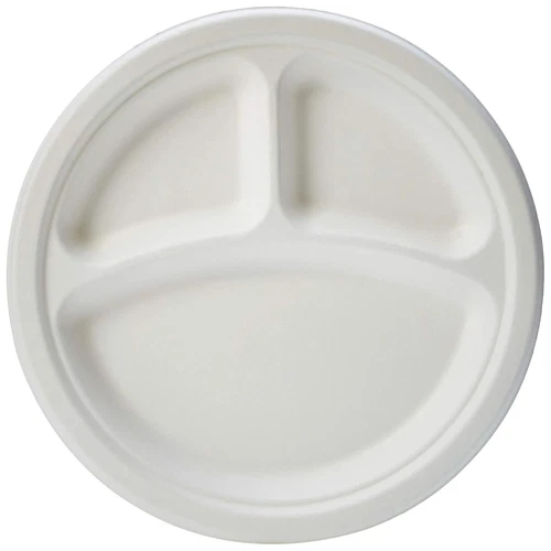Bagasse Paper Party Plates Sugarcane  3 Compartment Eco Friendly BBQ 125 Plates
