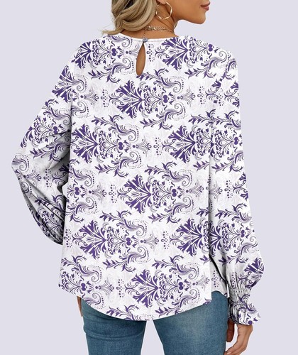Funlingo Womens Tops Blouses Dressy Casual Long Sleeve Shirts Crew Neck Loose - Picture 54 of 133