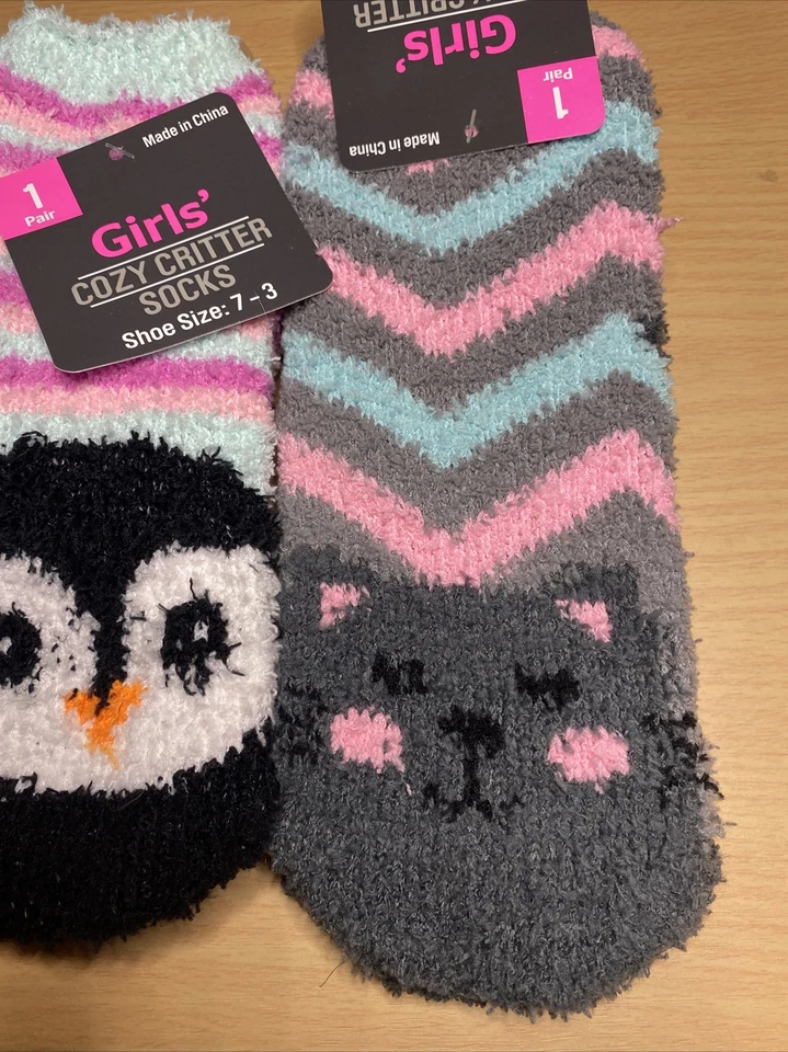 Niñas Acogedores Calcetines Critter Talla 7-3 Acogedores Difusos Peguín/mono/gato Cálidos Suaves Lote de 3 Foto 4 de 4