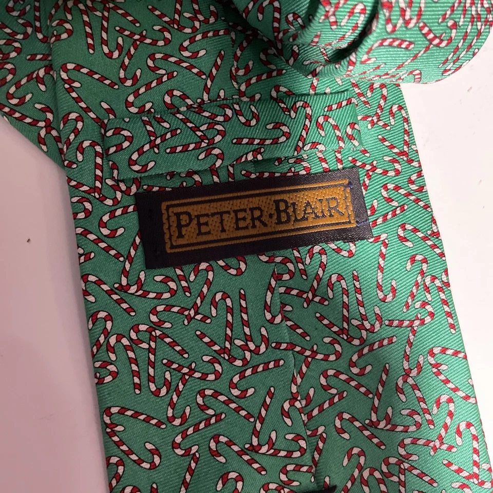Peter Blair Christmas Green Silk Tie With Red And White Candy Canes Made in USA - Image 3 of 4