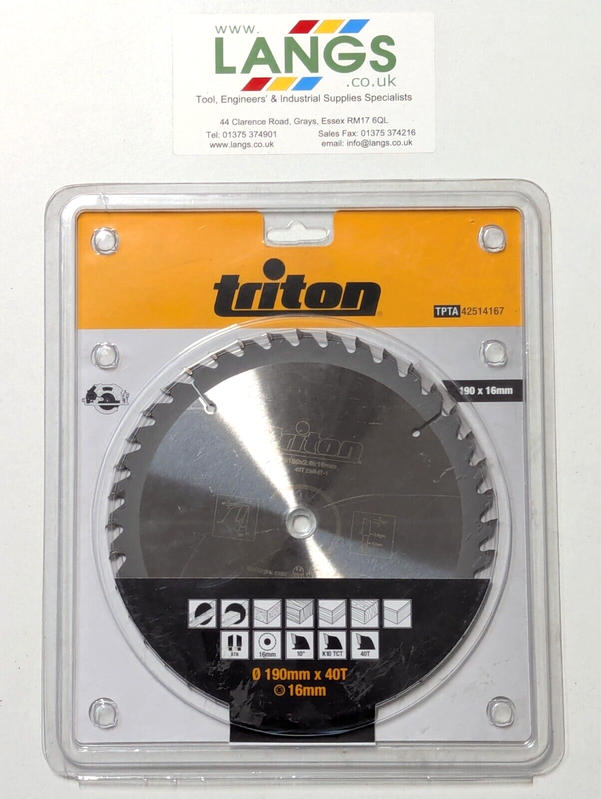 Triton 190mm x 16mm Bore x 40 Tooth - TCT Circular Saw Blade - New