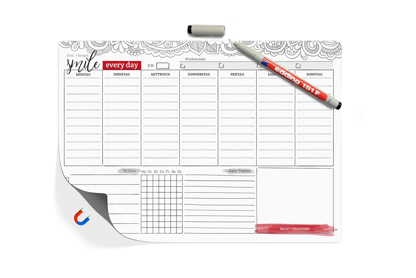 Magnetischer Wochenplaner A4 + Stift Magnettafel Kalender abwischbar Kühlschrank