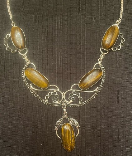 Sterling Silver Tigers Eye Cats Eye Statement Filigree Necklace Cabochons - Picture 2 of 11