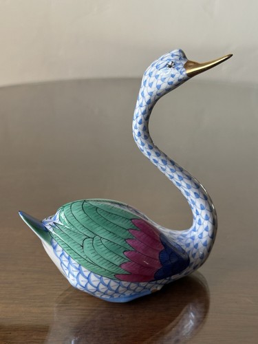 Rare Herend Blue Fishnet Figurine Long Neck Swan w/24k Gold Perfect! VHB 5193 - Picture 5 of 12