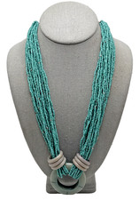 Boho Multi Strand Turquoise Seed Bead Necklace Large Gray Ring Pendant 24-26"
