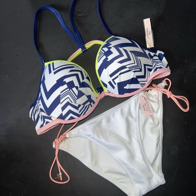 Victoria's Secret 34DD BIKINI S bottom White orange Navy Ink Blot GREEN strappy