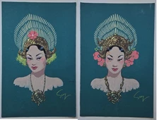 Pair Vintage Bill Seay Original Paintings Asian Ladies Females Sascha Brastoff