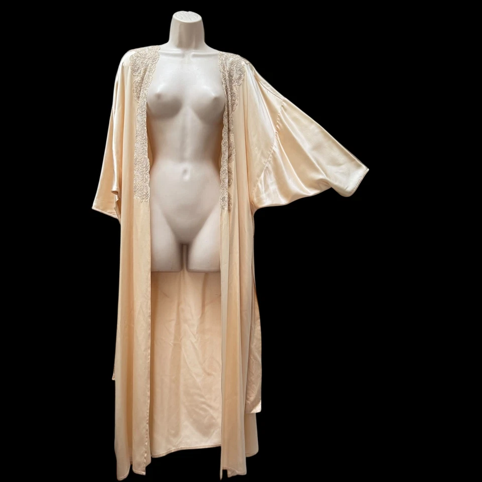 Bata de satén melocotón vintage ribete de encaje con cinturón estilo años 50 manga Dolman ropa de salón M/L Foto 3 de 4