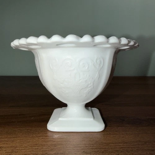 Vintage Anchor Hocking Lace Edge Milk Glass Compote Pedestal Candy Dish Bowl