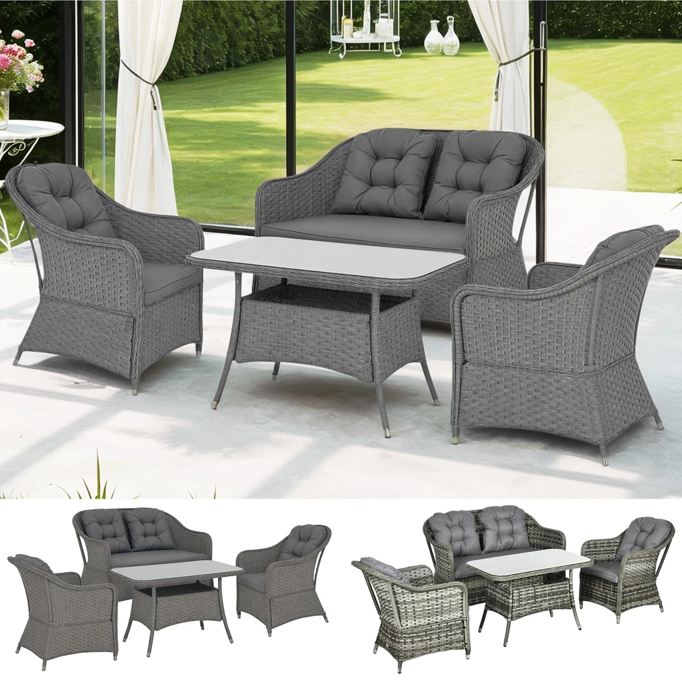 4 PCS Rattan Garden Furniture, Padded Conversation Sofa Set w/ Glass Top Table - Image 1 of 1