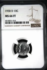 1958 D Roosevelt Dime, NGC MS 66 Full Torch, Nice Luster