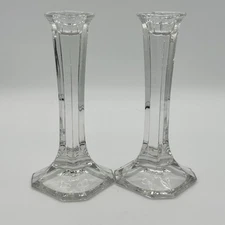 Glass Crystal Candle Holders Set of 2 Clear Column Candlestick Octagon 7”