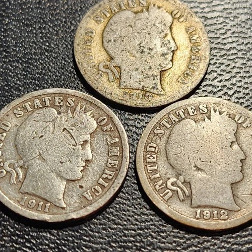 1910, 1911-D, 1912-D (Lot of 3) Barber Dime 10C 90% Silver Coins