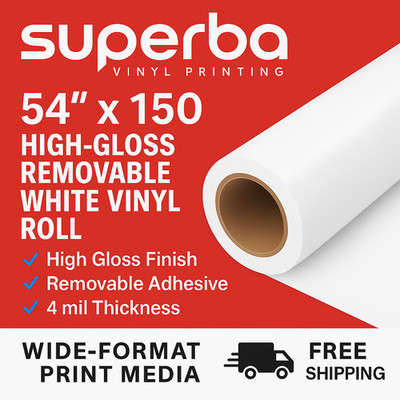 54 x150  Gloss Printable Vinyl Roll Removable Adhesive Eco Solvent