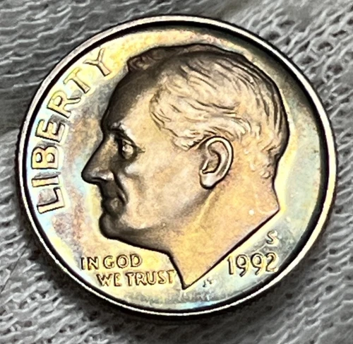1992 S Roosevelt Silver Dime Proof Rainbow Toning Both Sides