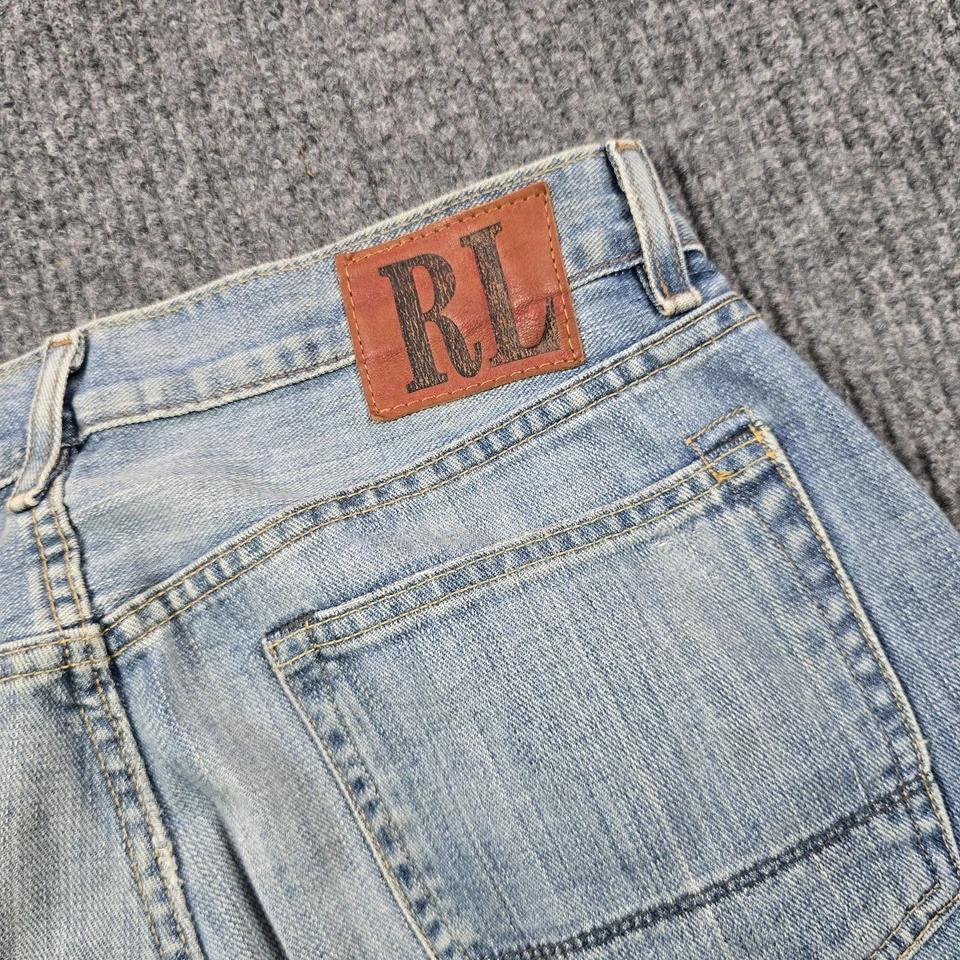 Pantalones de mezclilla Ralph Lauren para hombre 34x32 azul corte bota desgastados lavado claro desteñido RL Foto 3 de 4