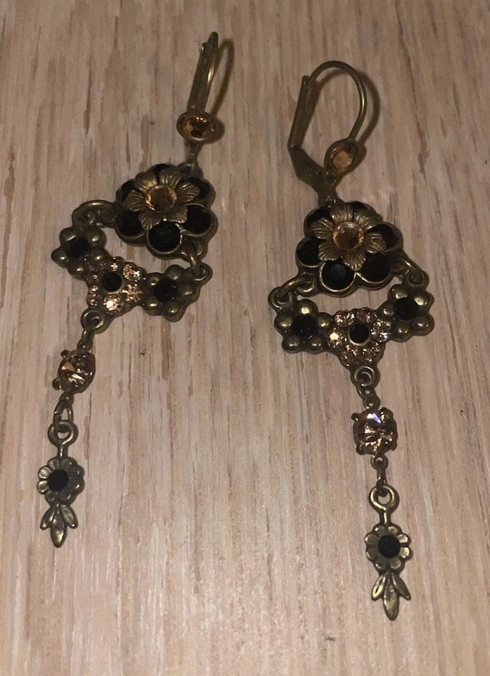Pendientes Michal Negrin Naranja Negro Cristales Delicados Flor Floral De Colección Israel Foto 2 de 3