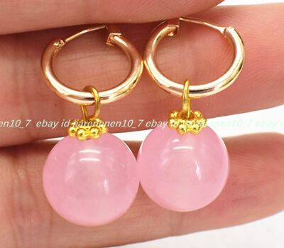 Huge Pretty Natural 12mm Pink Rose Quartz Gemstone Round Beads Dangle Earring
