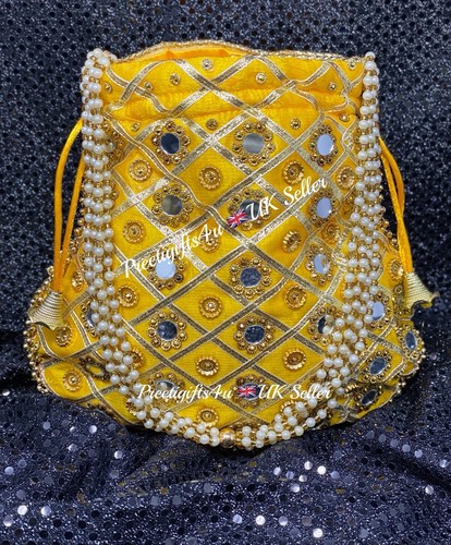Potli Bag Yellow Gold Silk Drawstring Pouch Indian Bridal Potli Mirror Dolly Bag - Picture 2 of 10