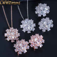 Rose Gold Snowflake Cubic Zirconia Women Necklace Earrings Fashion Jewelry Set 