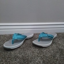 Size 9 Women's Clarks Breeze Sea Aqua Synthetic Slip On Flip Flop Sandals