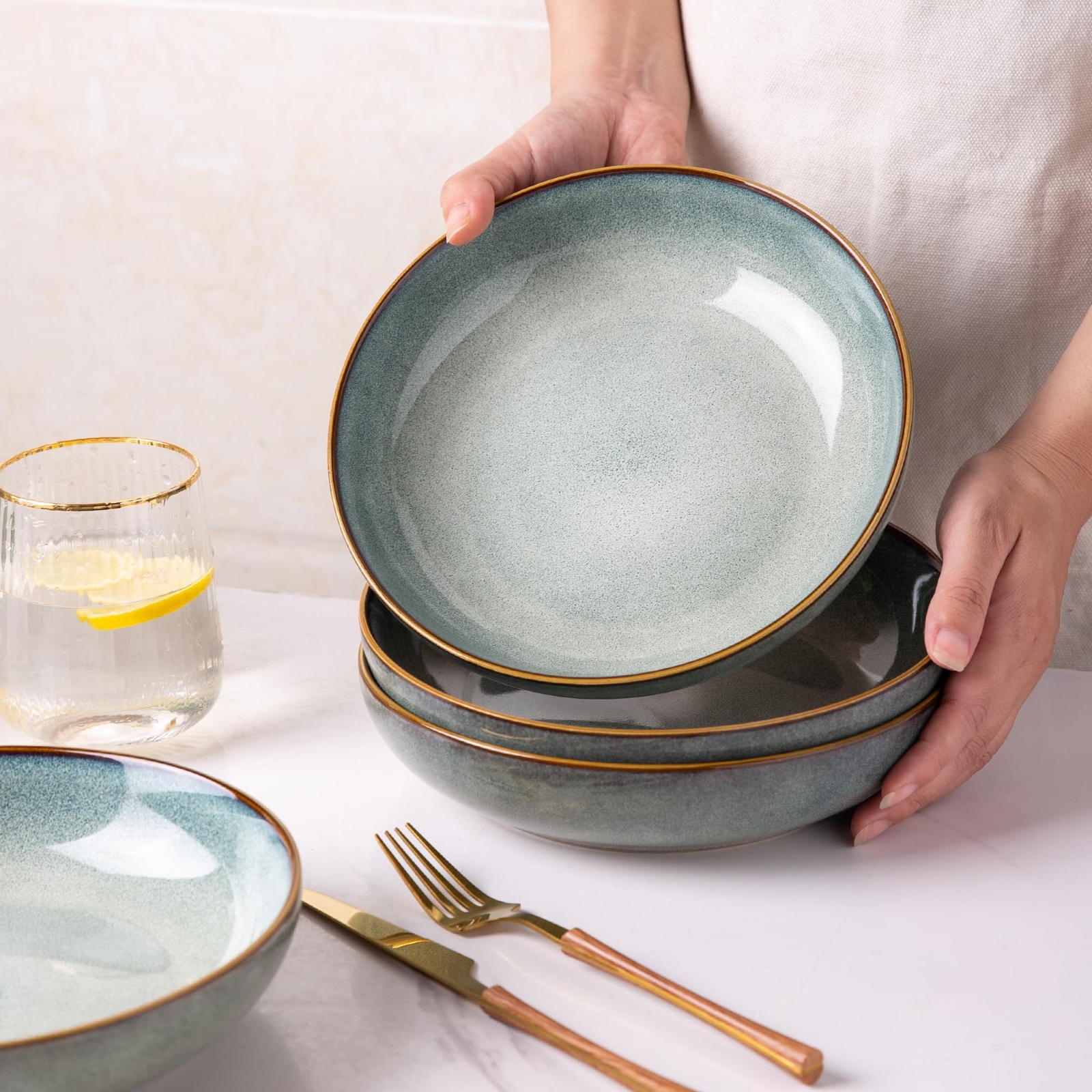 6 Large 8.5" Ceramic Pasta Bowls, 36oz Deep Serving Bowls for Pasta, Salad, Soup