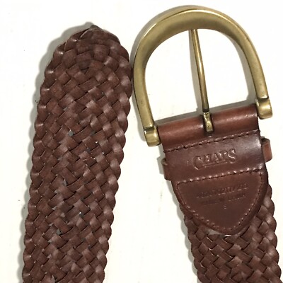 CHAPS DARK BROWN THICK WOVEN BRAIDED LEATHER BELT BRASS  display picture 3
