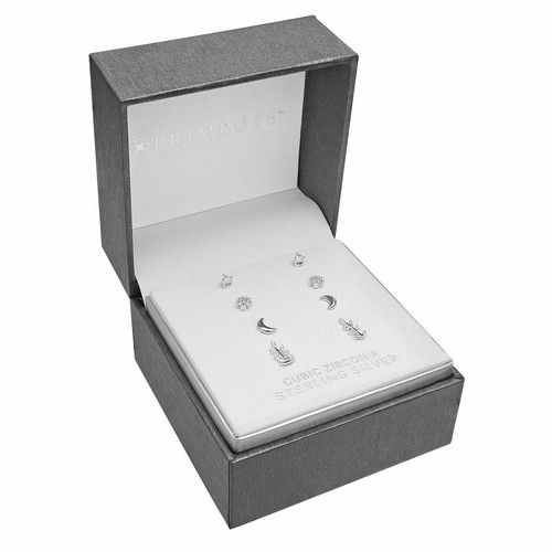 Kohl's Primrose 925 Sterling Silver CZ Stud Earrings Set Crescent Moon/Leaf+ NWT - Picture 2 of 2