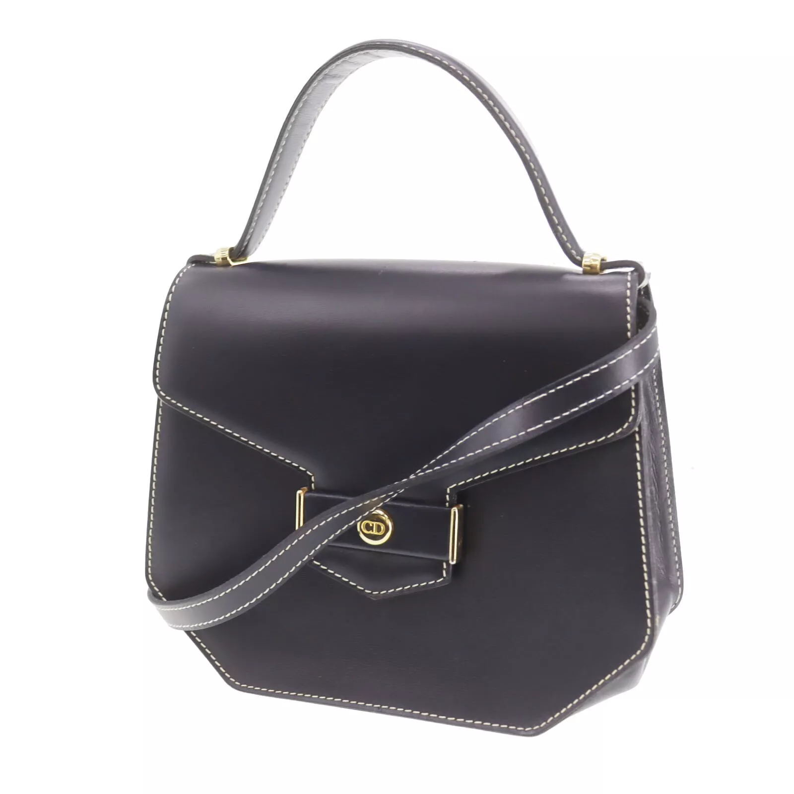 Sac à main bandoulière Christian Dior logo CD occasion 2 voies cuir marine vintage #CF782 S