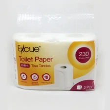 2 Pcs Standard Roll Toilet Tissue 2-Ply 230 Sheets/Roll 100% Virgin Pulp