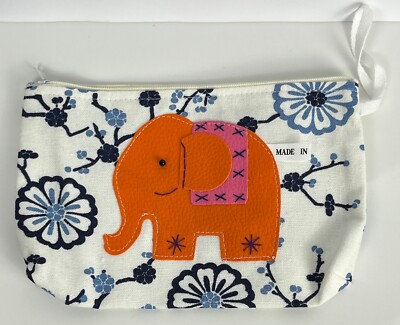 Elephant Makeup Case Cosmetic Bag Travel Pouch White Blue Floral Boho Colorful