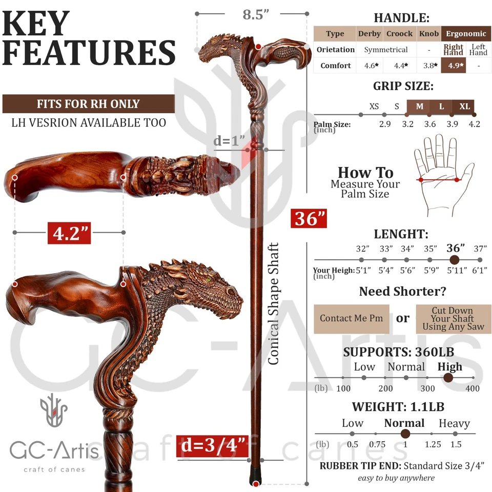 Эргономичная трость дракона деревянная резная трость фантазия для ходьбы для мужчин женщин идея подарка - Изображение 4 из 4